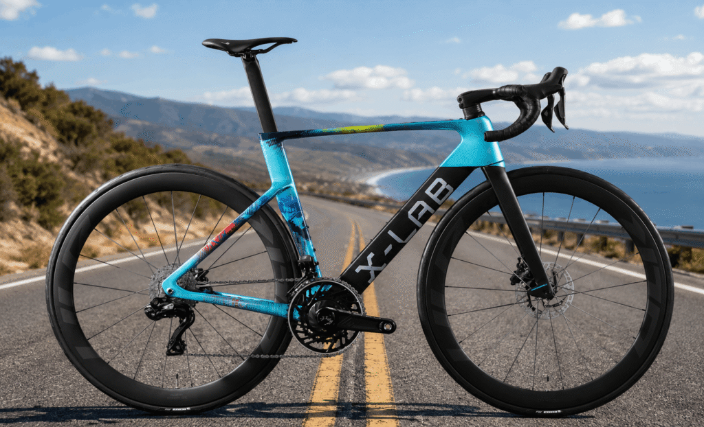 X-LAB carbon road bike on a scenic coastal mountain road