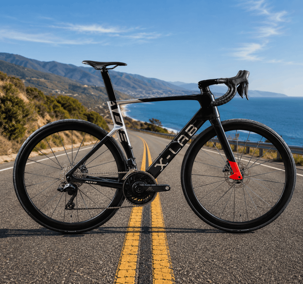 X-LAB A02 carbon road bike on a winding coastal road
