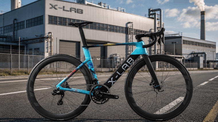 X-LAB carbon road bike pictured outside a bicycle manufacturing factory