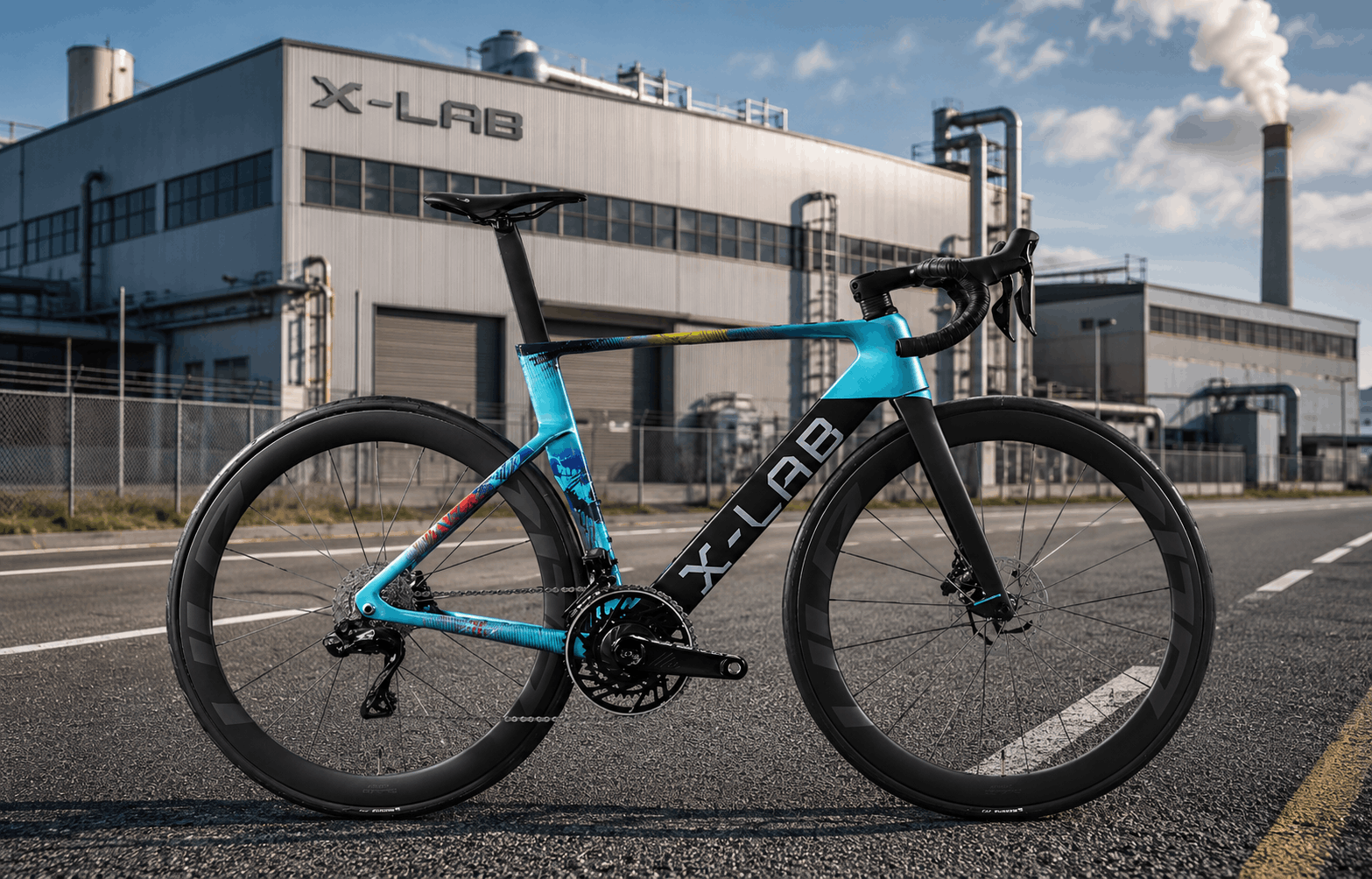 X-LAB carbon road bike pictured outside a bicycle manufacturing factory