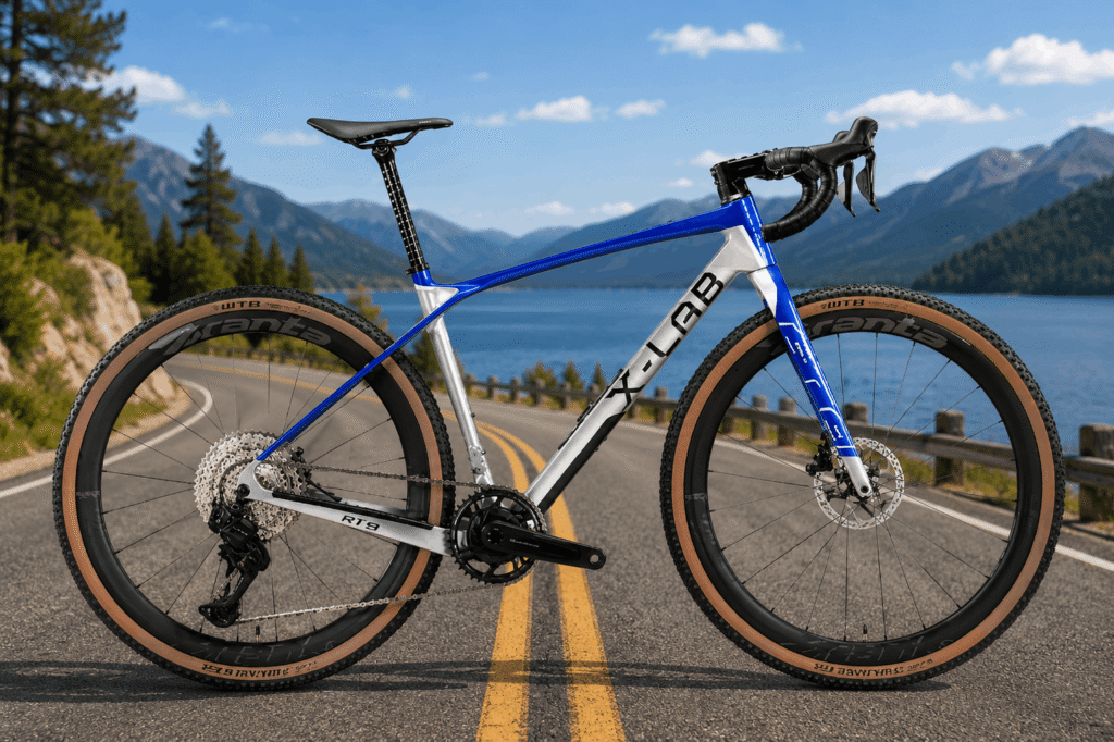 Blue and white X-LAB gravel bike on a mountain road beside a lake