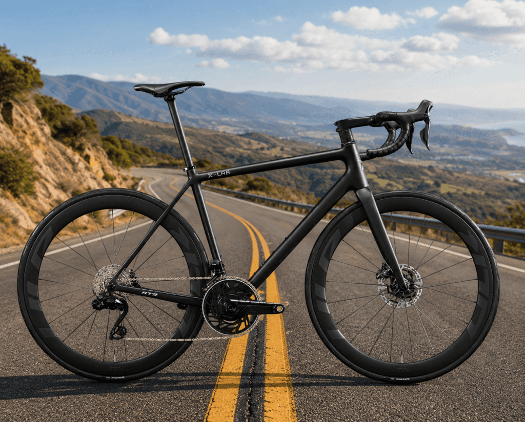 Black X-LAB carbon road bike on a mountain road beside a stream