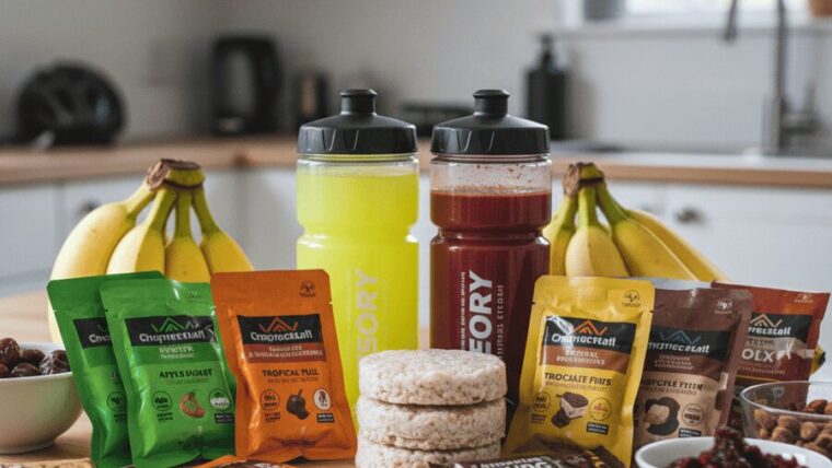 Cycling nutrition setup with energy gels, hydration bottles, and real foods.