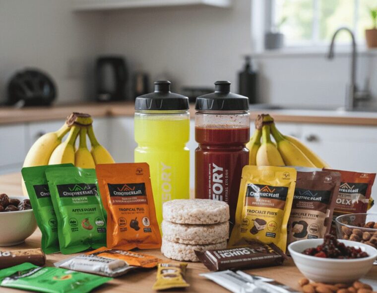 Cycling nutrition setup with energy gels, hydration bottles, and real foods.