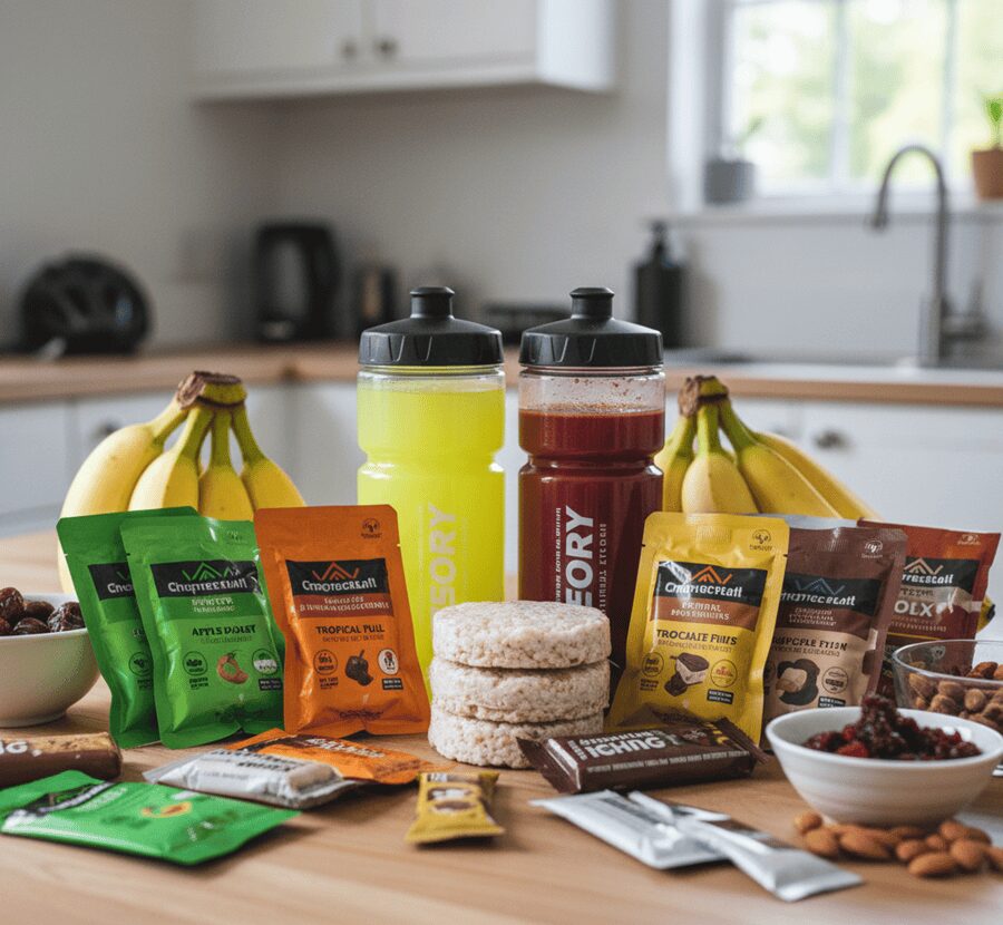 Cycling nutrition setup with energy gels, hydration bottles, and real foods.