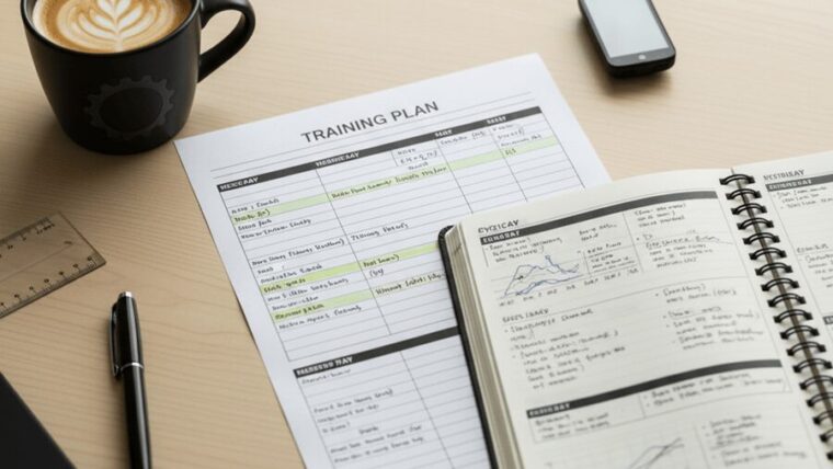 Sample 4-week cycling training plan layout with notes and power targets.