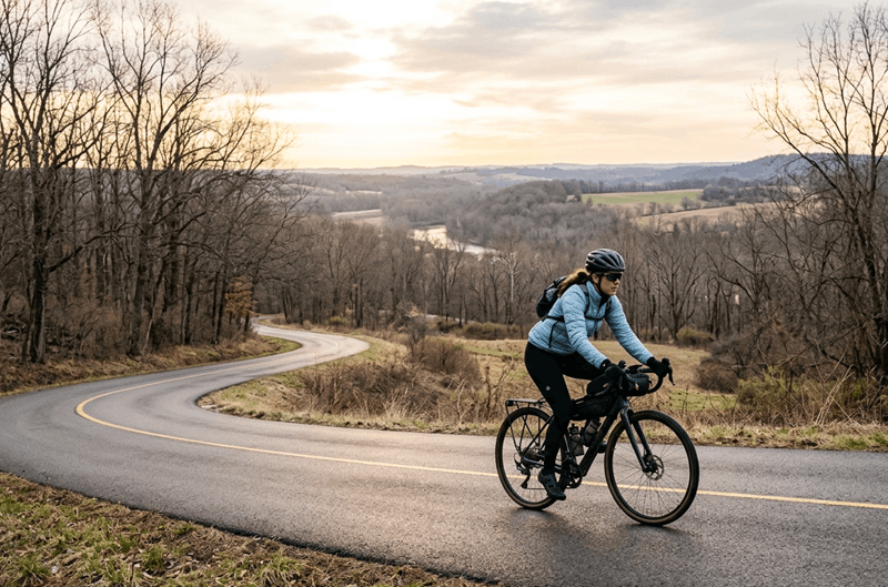 Cyclist riding on a spring morning road — seasonal cycling training