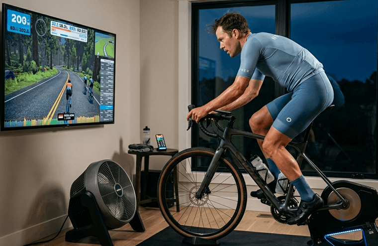 Cyclist on a smart indoor trainer during winter cycling training