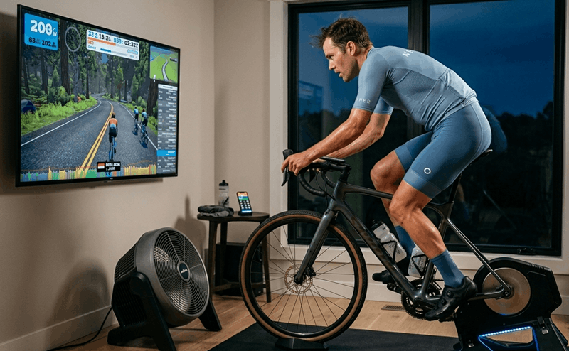 Cyclist on a smart indoor trainer during winter cycling training