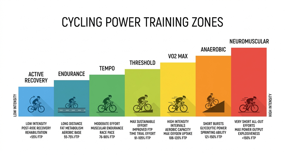 Cycling power training zones chart showing percent of FTP for each zone