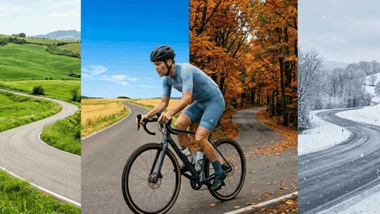 Cyclist riding on a road composite showing all four seasons — seasonal cycling training year round
