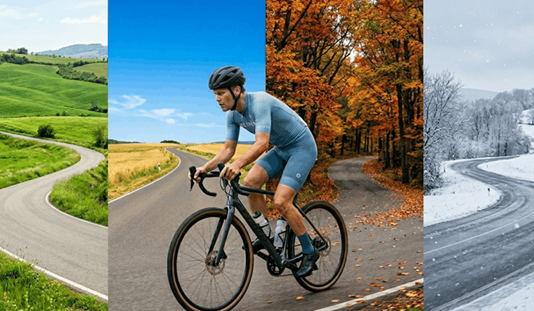 Cyclist riding on a road composite showing all four seasons — seasonal cycling training year round