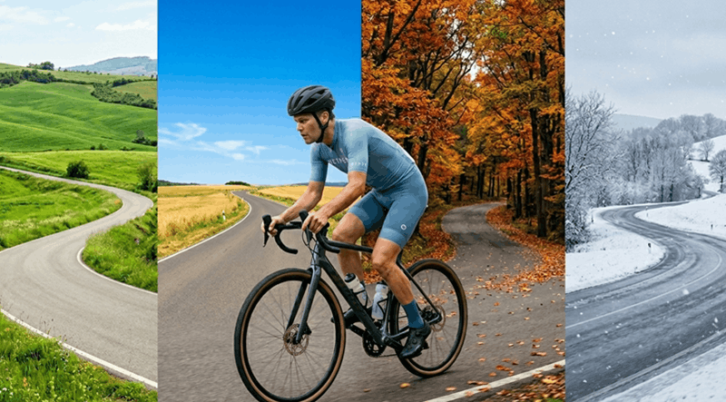 Cyclist riding on a road composite showing all four seasons — seasonal cycling training year round