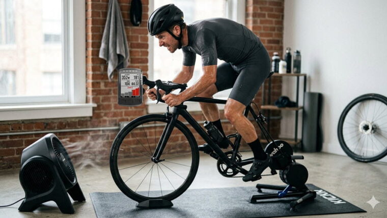 Cyclist performing an FTP test on an indoor smart trainer