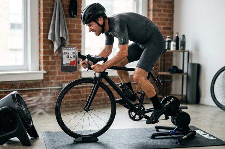 Cyclist performing an FTP test on an indoor smart trainer