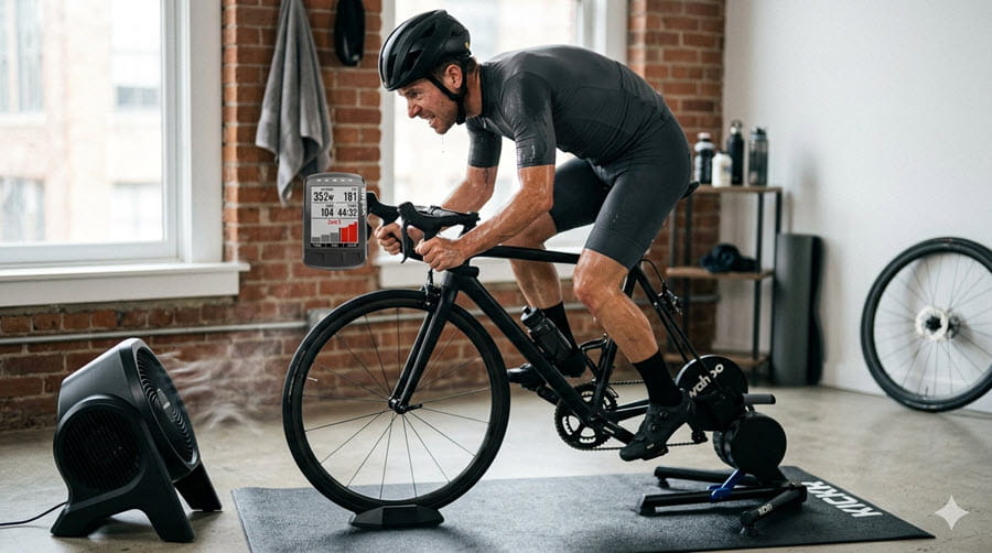 Cyclist performing an FTP test on an indoor smart trainer