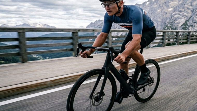 Cyclist riding at intensity on mountain road — balancing endurance and intensity training