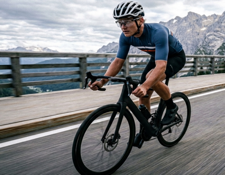 Cyclist riding at intensity on mountain road — balancing endurance and intensity training