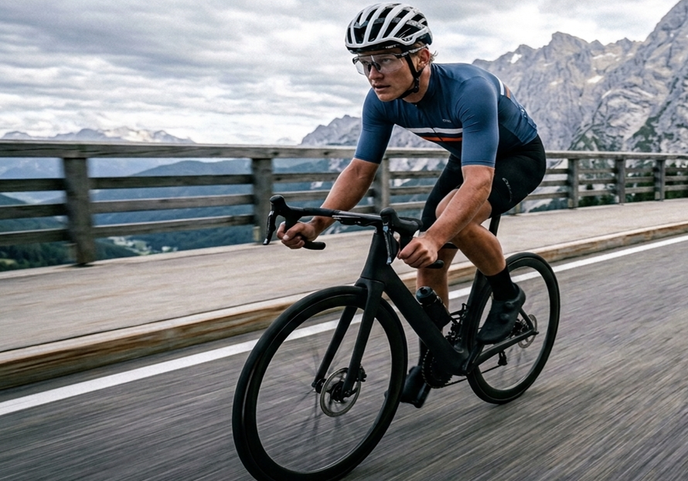 Cyclist riding at intensity on mountain road — balancing endurance and intensity training