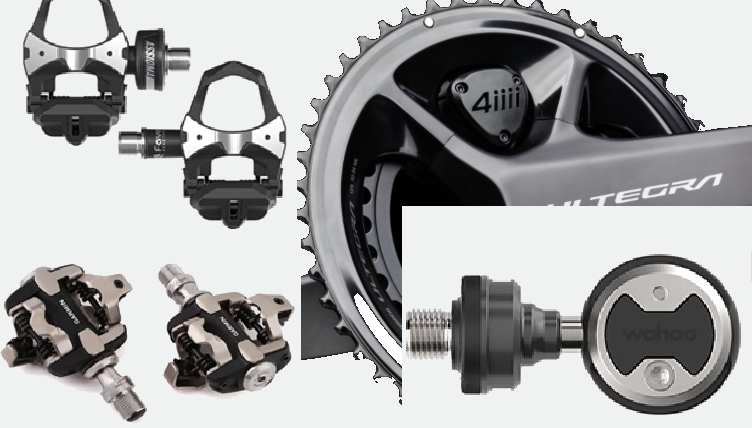 Three types of cycling power meters: Favero Assioma pedal power meters, Shimano SPD-SL pedal power meters, 4iiii crank arm power meter on Ultegra crankset, and Wahoo Speedplay power meter pedals