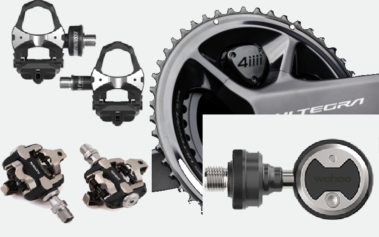 Three types of cycling power meters: Favero Assioma pedal power meters, Shimano SPD-SL pedal power meters, 4iiii crank arm power meter on Ultegra crankset, and Wahoo Speedplay power meter pedals