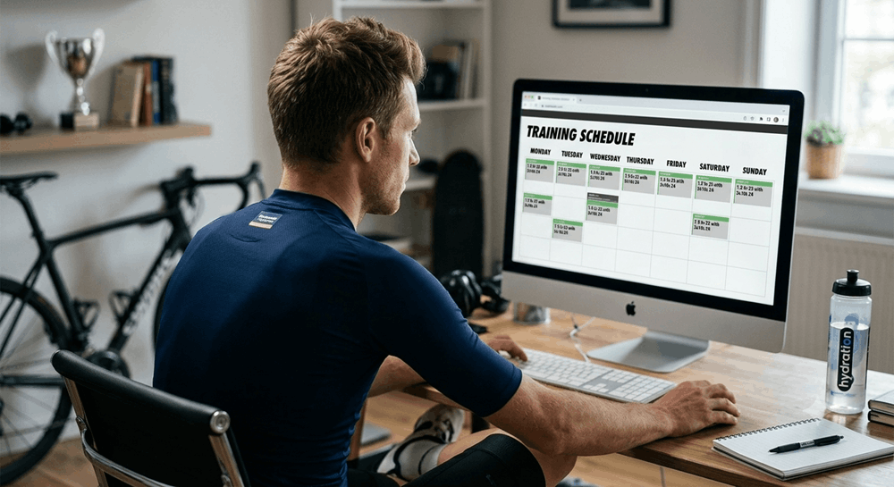 Cyclist reviewing weekly training schedule on computer screen