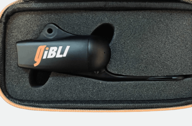 GiBLI G10 sensor unit shown with its carrying case, USB-C charging cable, and cleaning kit