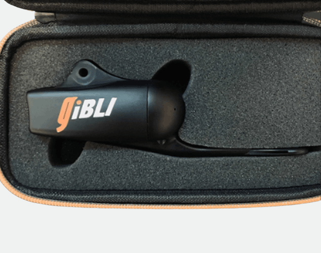 GiBLI G10 sensor unit shown with its carrying case, USB-C charging cable, and cleaning kit