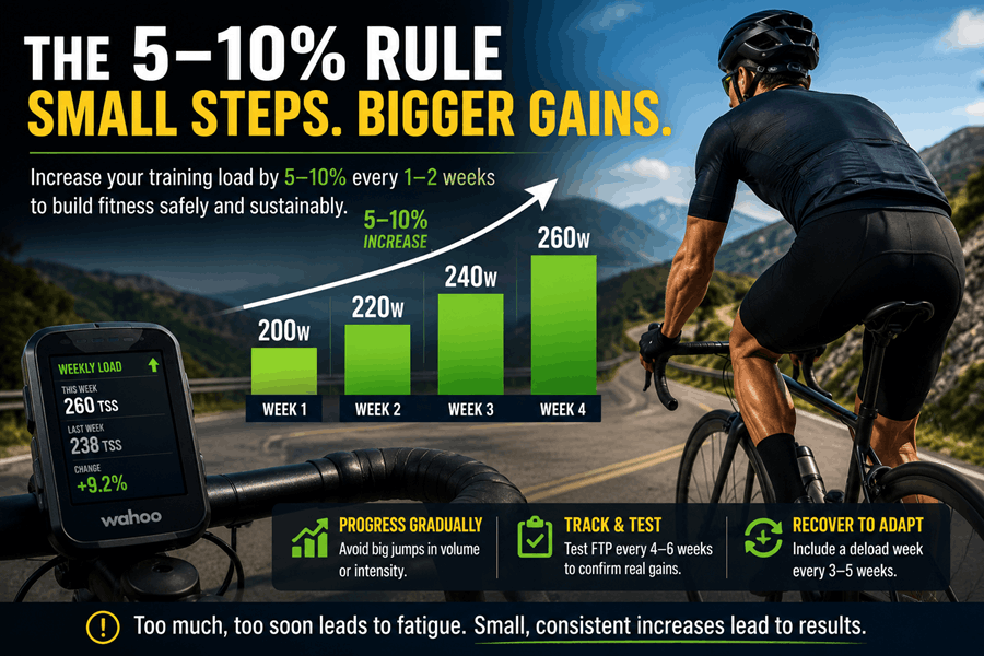 Four levers of progressive overload for cyclists: intensity, duration, variety, and recovery.